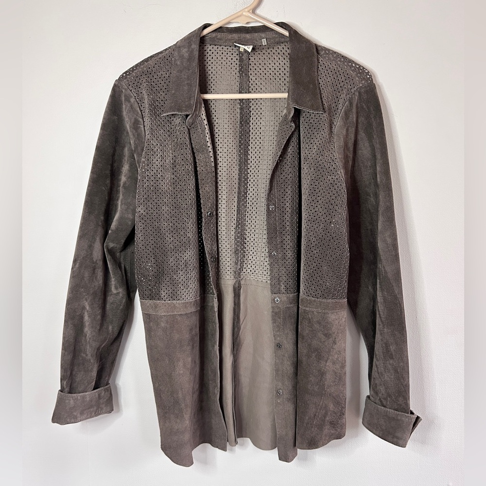 ECRU Brown Suede Perforated Button Down Overshirt Shacket Boho Western | Size L - Picture 9 of 16